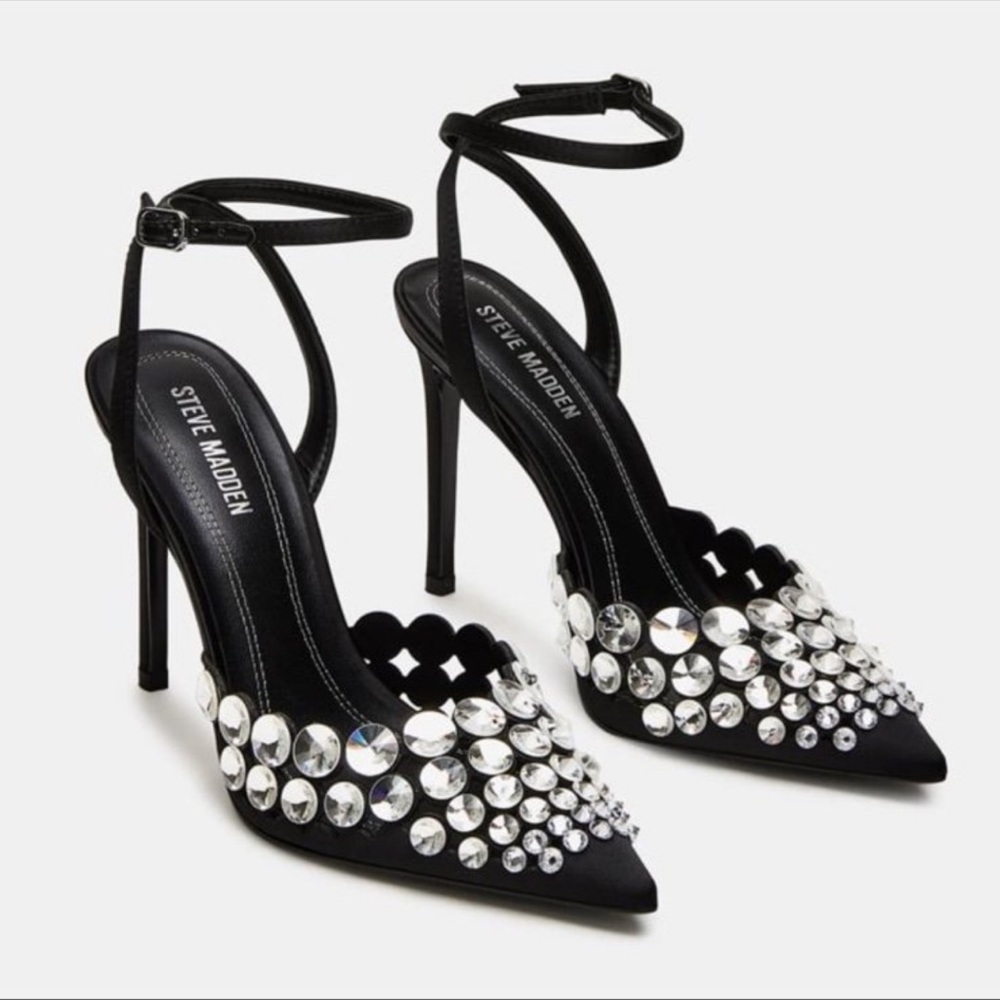 Steve Madden Tinsel Black and Silver Embellished Women's Pointed Toe Heels